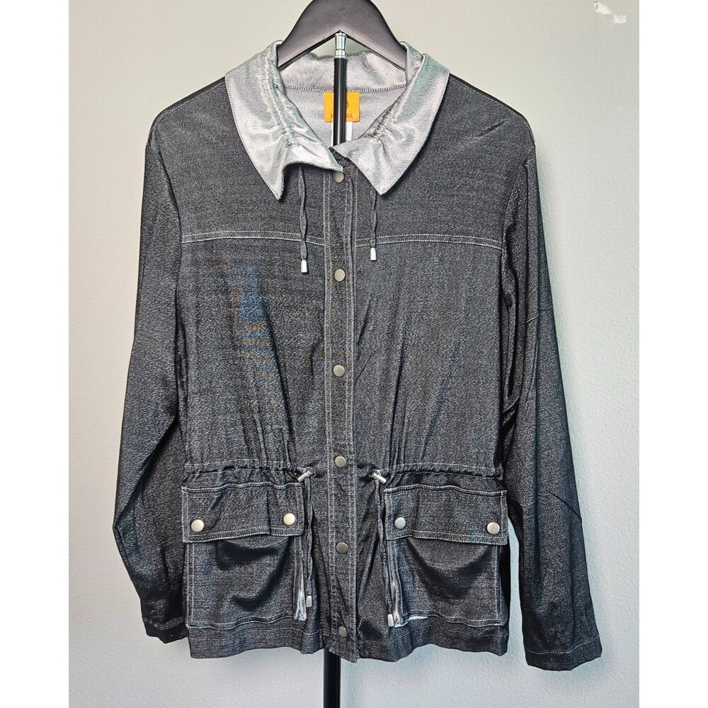 Ruby Rd Womens‎ Jacket SZ 14 Gray Metallic Utility Jacket Cinch Waist Snap Front